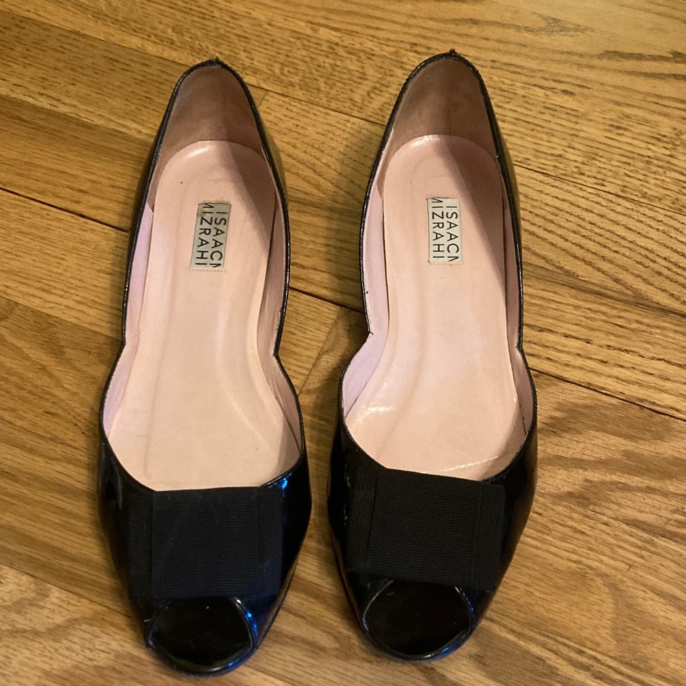 Isaac Mizrahi Black Patent Peep-Toe Flats with Bow Accent